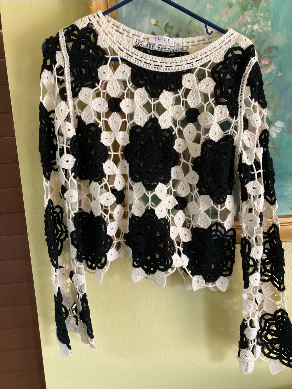 cloth & stone Black and White Crochet Lace Crewneck Sweater